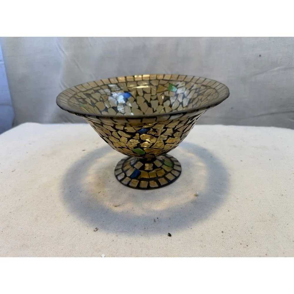 Mosaic Glass Pedestal Bowl‎ Gold Multicolor Boho Decor Centerpiece